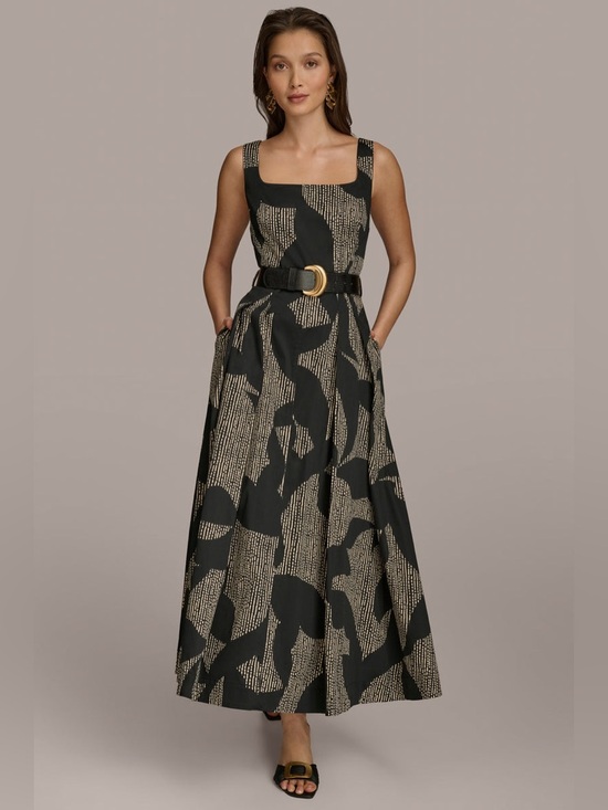 Donna Karan Dresses & Skirts - Donna Karan New York Cotton Sleeveless Belted Midi Dress Size 8 Black Tan